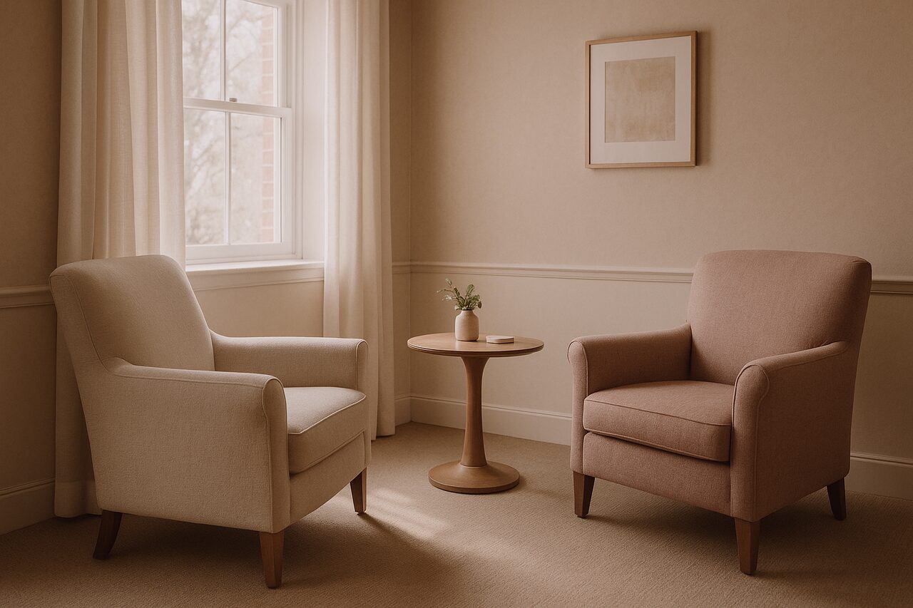 Two comfortable chairs in a warm, private room